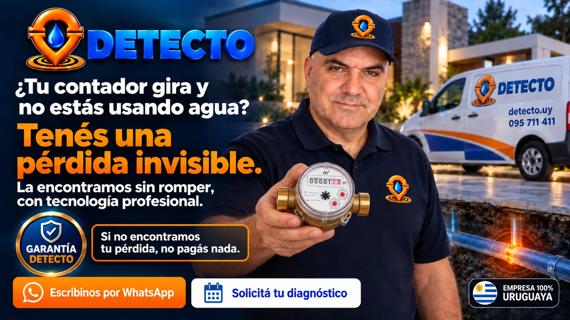 ¿Tu contador gira y no estás usando agua? Tenés una pérdida invisible. DETECTO la encuentra sin romper, con tecnología profesional. Si no encontramos tu pérdida, no pagás nada.