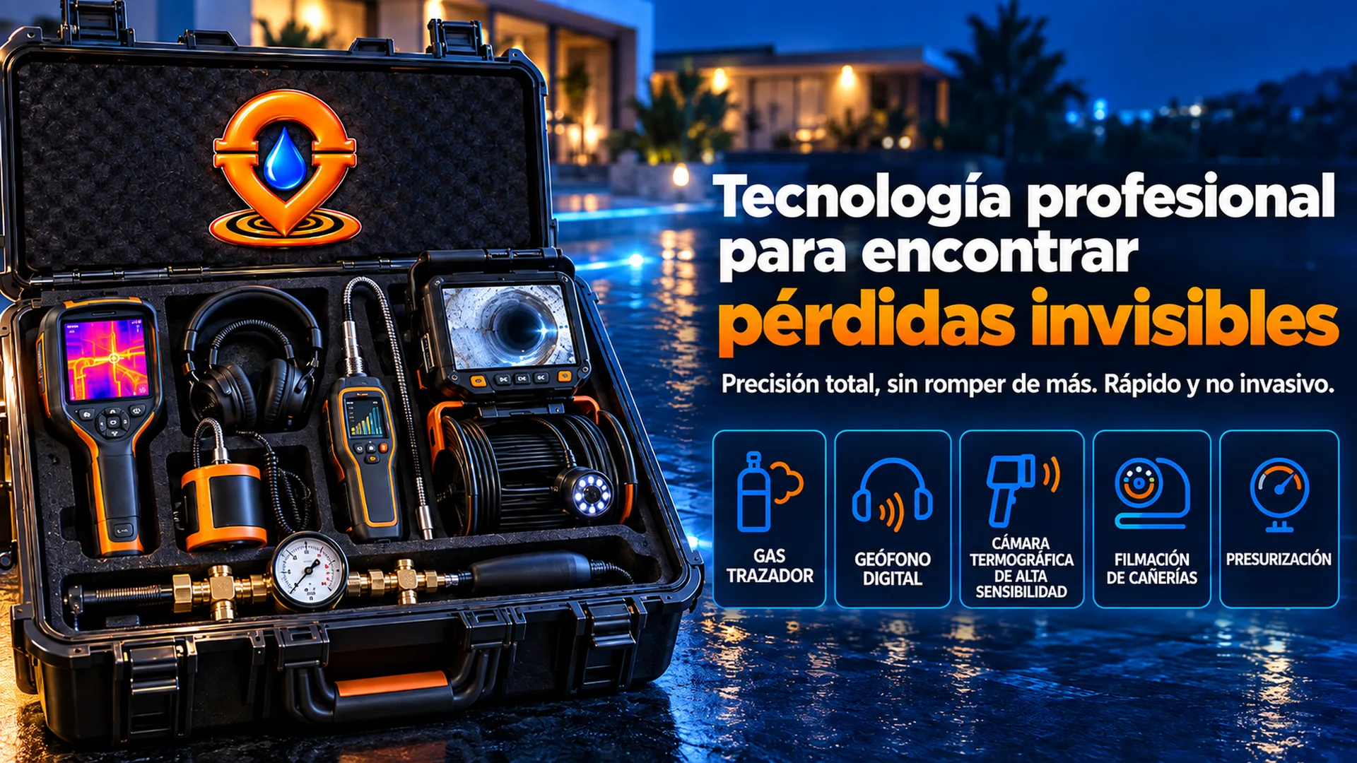 Valija DETECTO con cámara termográfica, geófono digital, detector de gas trazador, cámara de filmación de cañerías y manómetro de presurización.